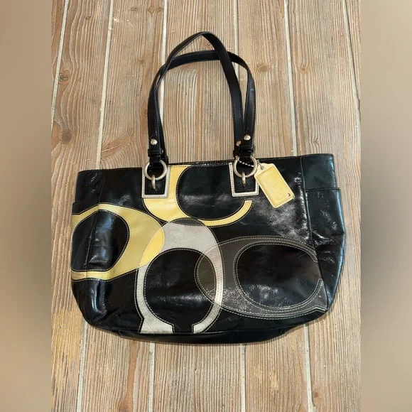 2010 Coach Opt Art Signature Patent Leather Black and Yellow Tote Bag - Picture 2 of 11